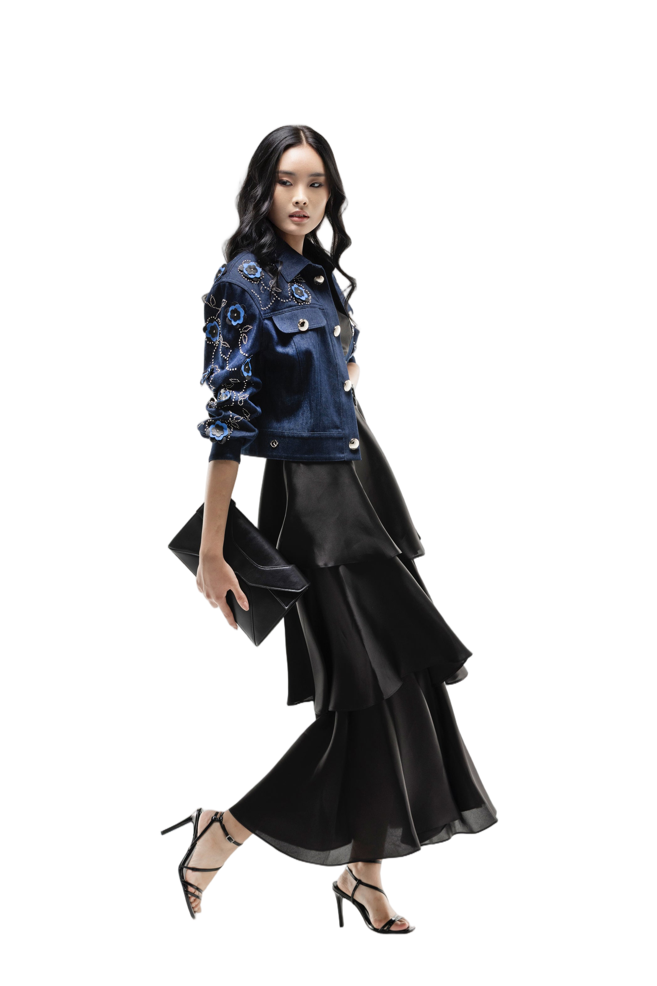 Denim Jacket And Ruffled Dress