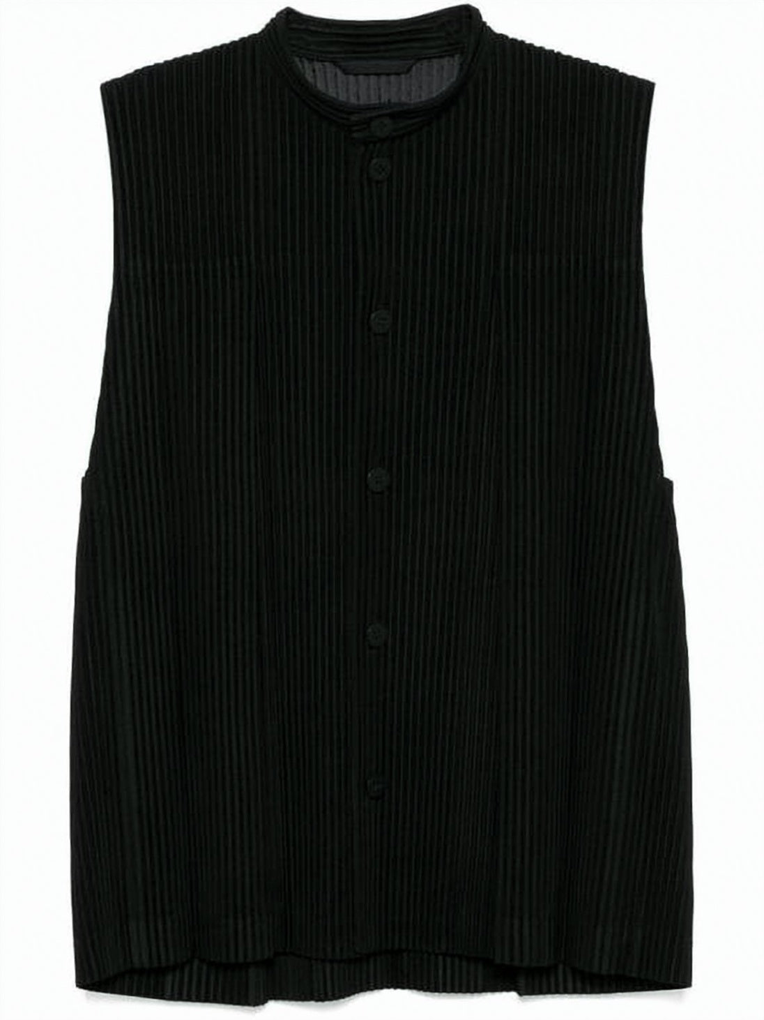 Vertically Pleated Black Vest With Button Closure