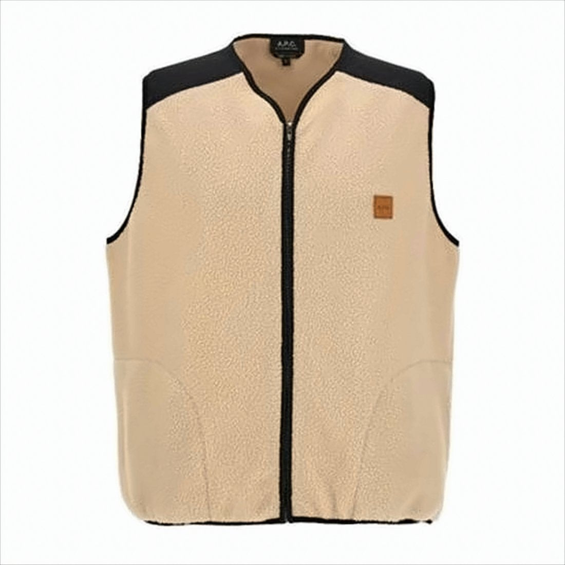 Textured Beige Fleece Vest with Contrasting Black Fabric