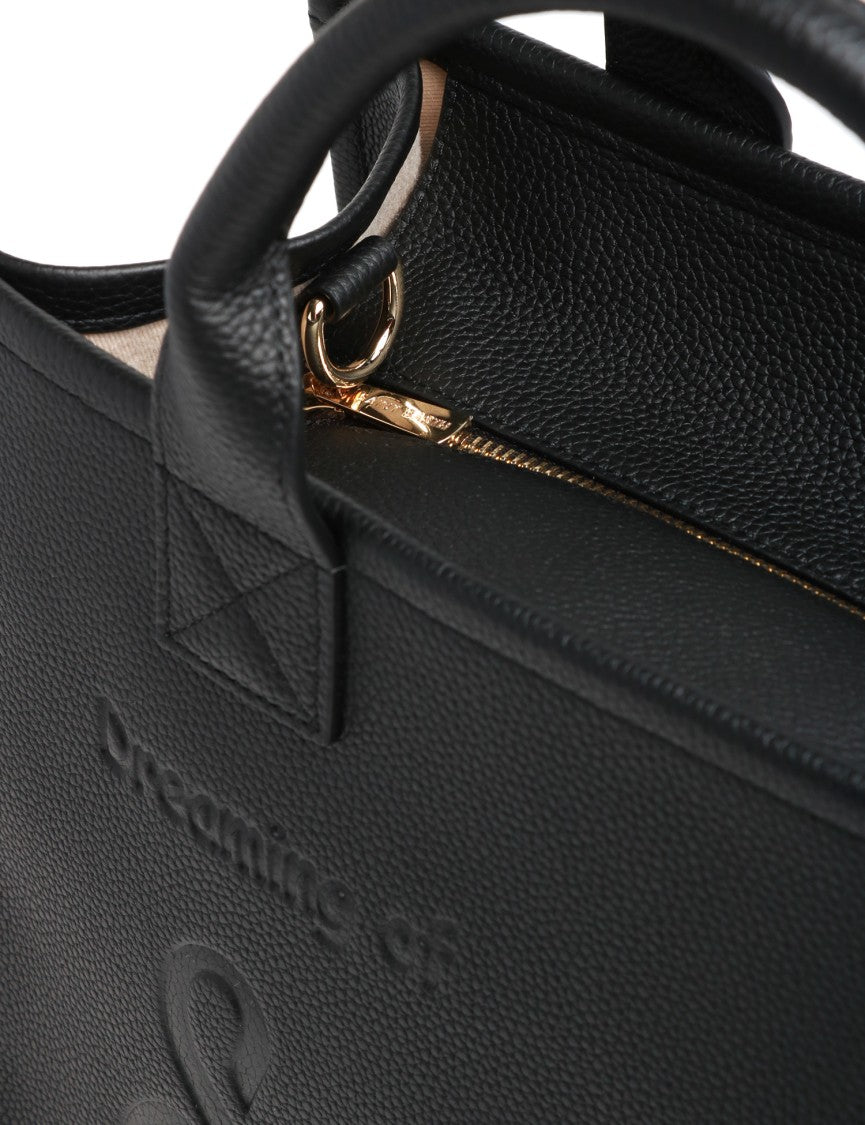 Structured Black Handbag With Adjustable Shoulder Strap And Embossed Detailing