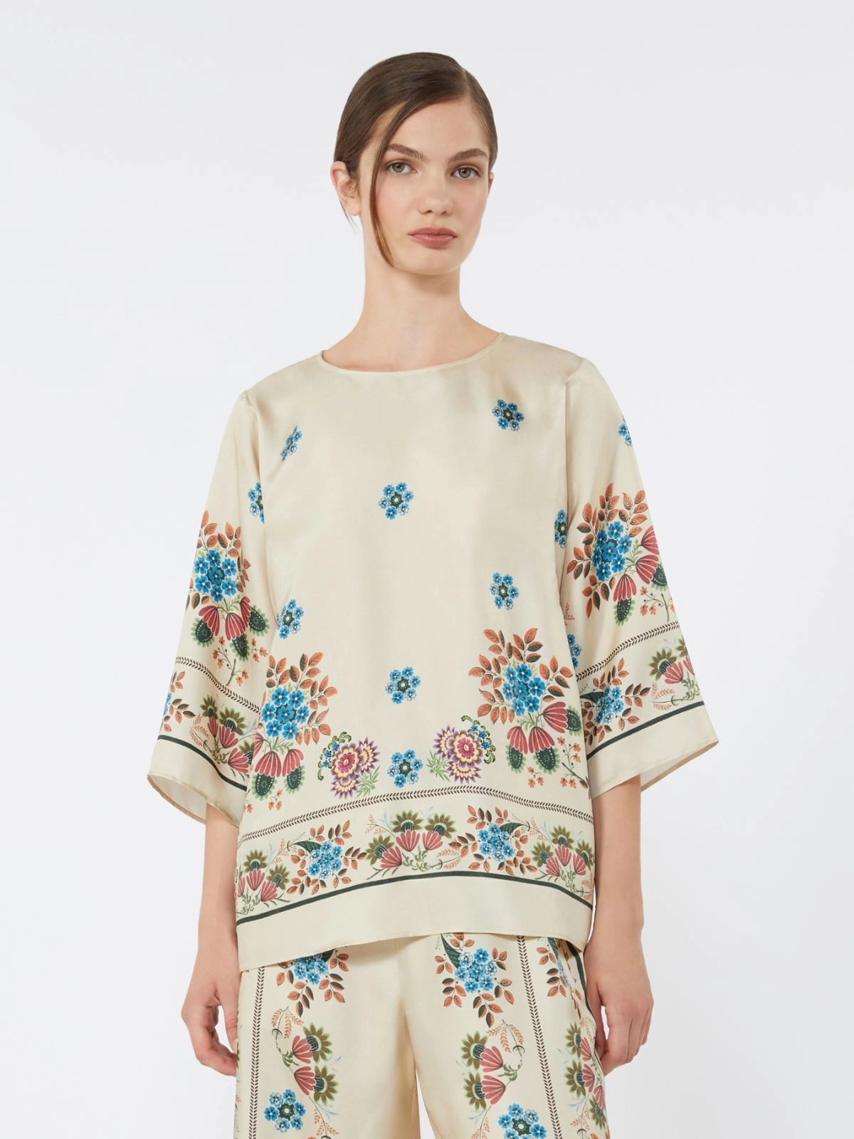 Boxy Floral Print Top with Elbow-Length Sleeves
