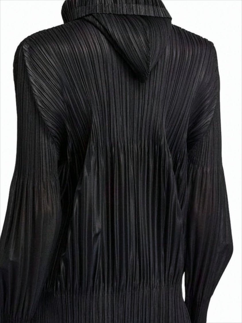 Pleated Texture Black Hooded Zip-Up Top