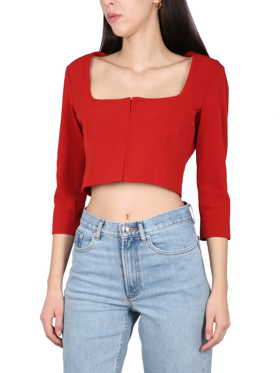 Cropped Red Long Sleeve Top With Square Neckline