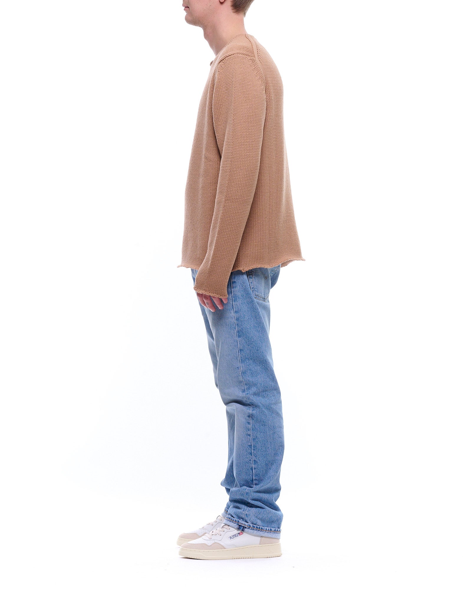 Textured Knit Beige Round Neck Sweater