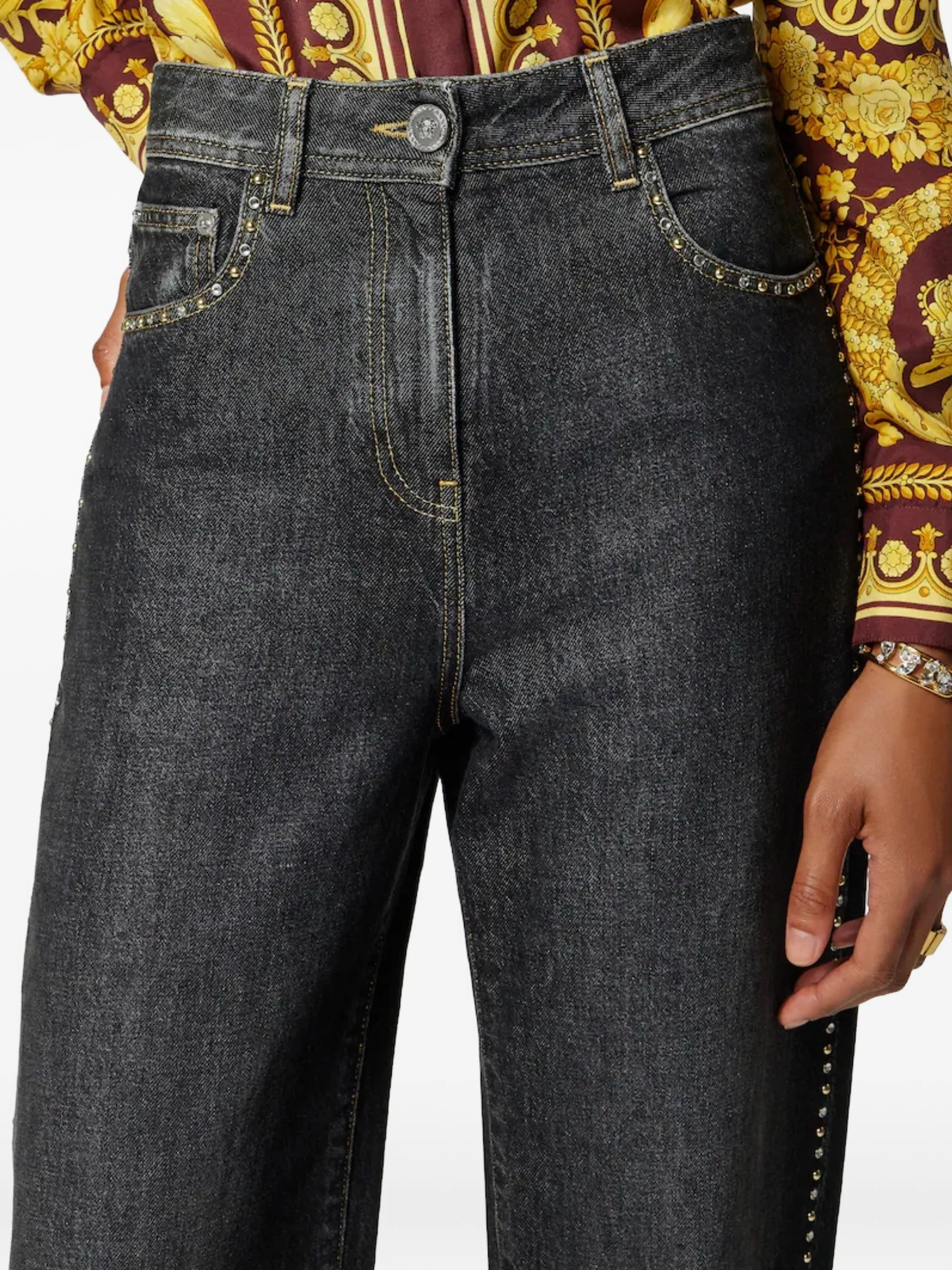 Dark Washed Wide-Leg Studded Denim Jeans