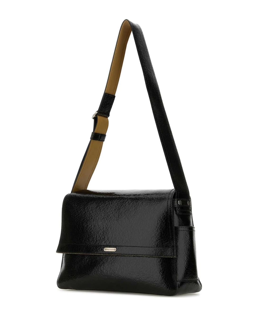 Structured Black Leather Bag with Flap Closure