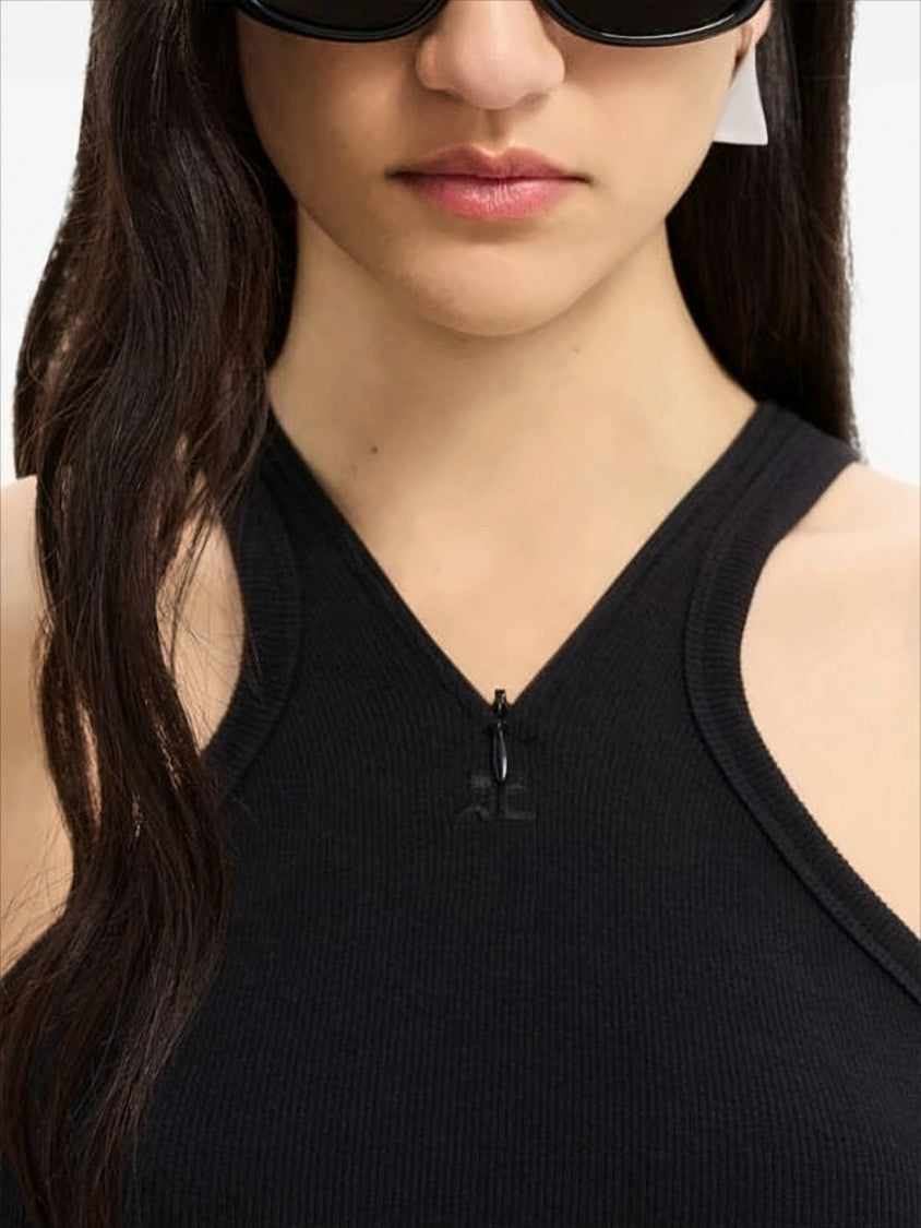 Fitted Black Sleeveless Ribbed Top With Subtle Zipper