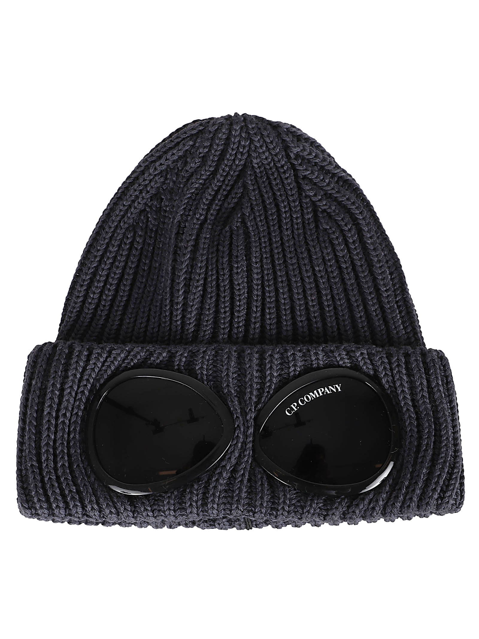 Ribbed Knit Beanie Hat with Integrated Goggle Lenses