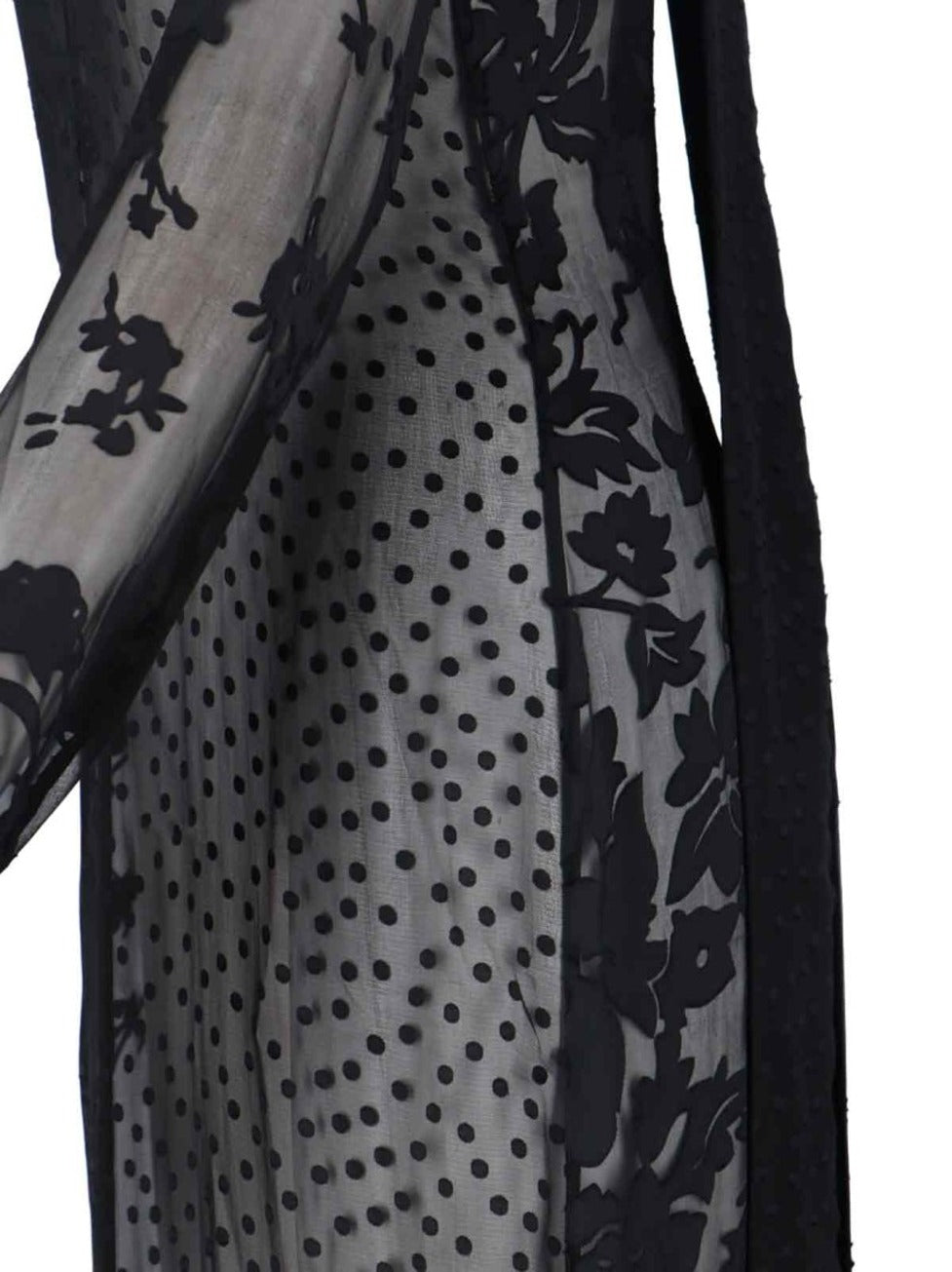 Sheer Black Midi Dress With Floral Patterns And Scarf Detail