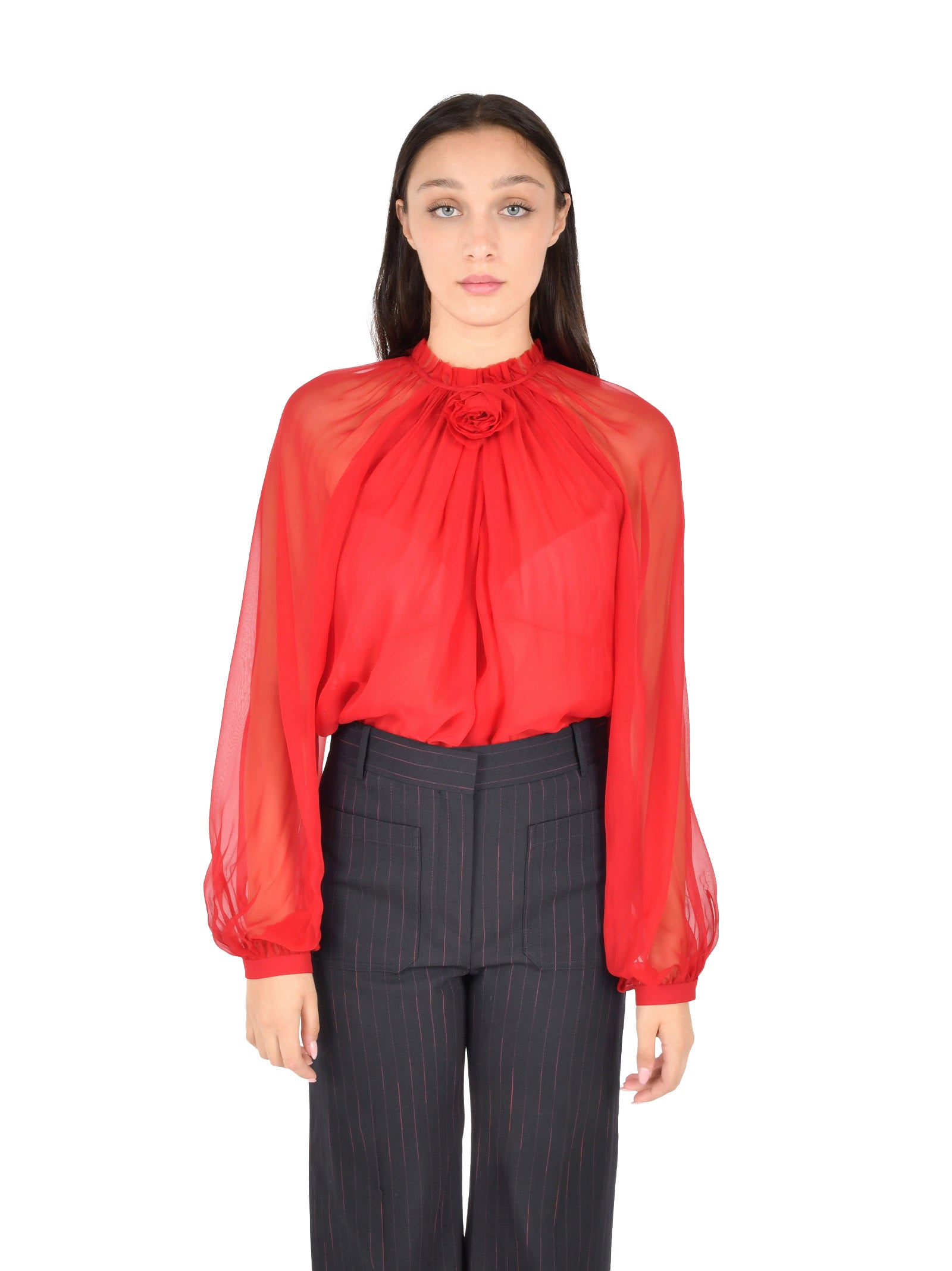 Silk Chiffon Blouse With Gathered Neckline