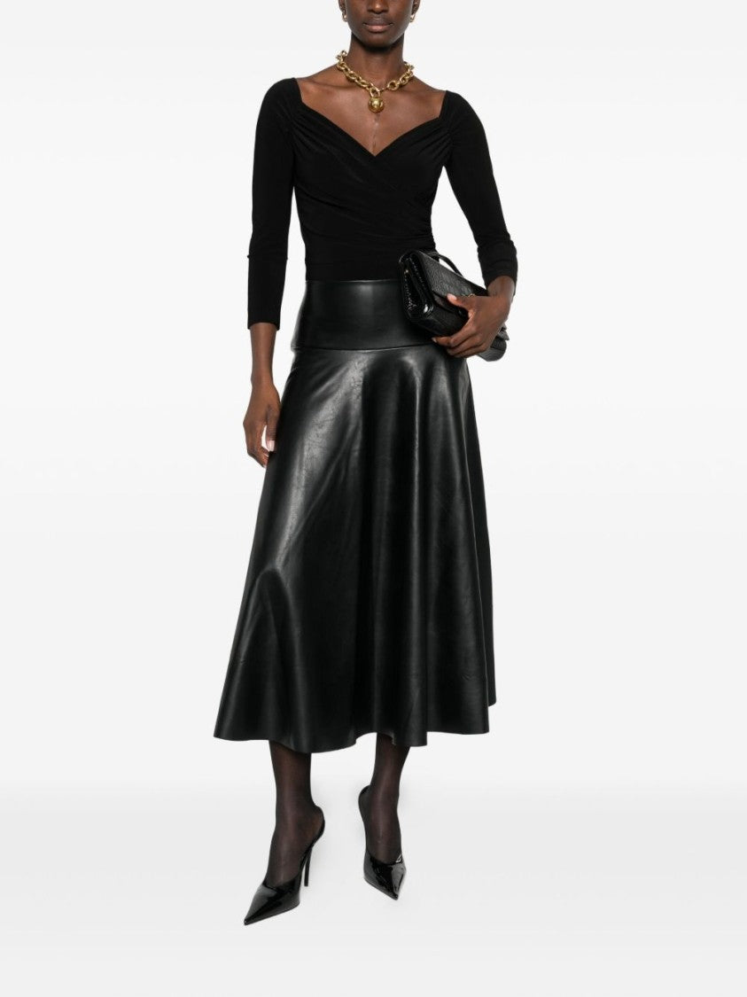 Draped Black Bodysuit Top with Deep V-Neckline