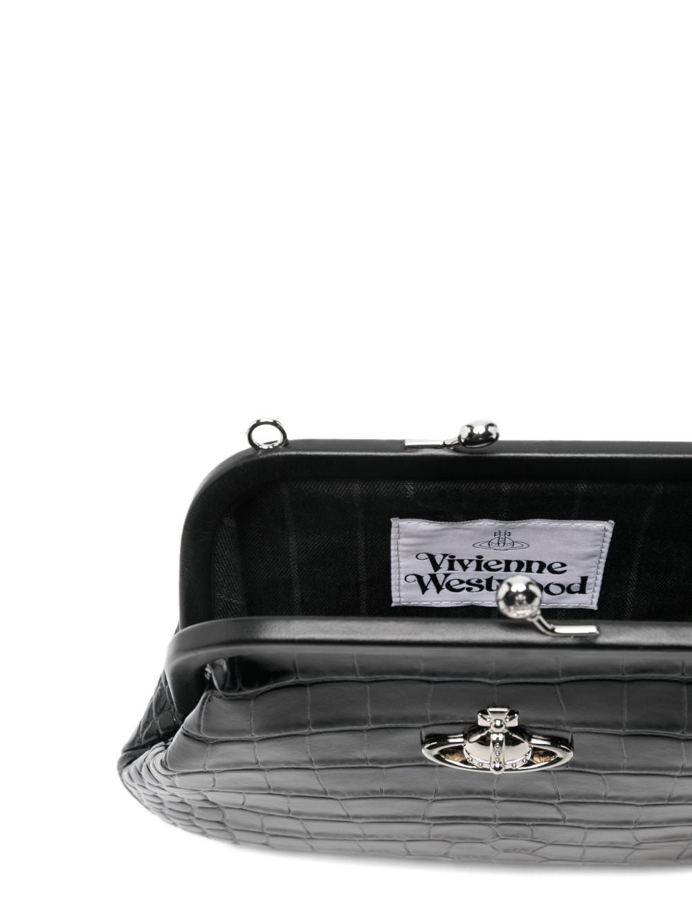 Trapezoidal Black Crocodile-Embossed Handbag With Silver Emblem