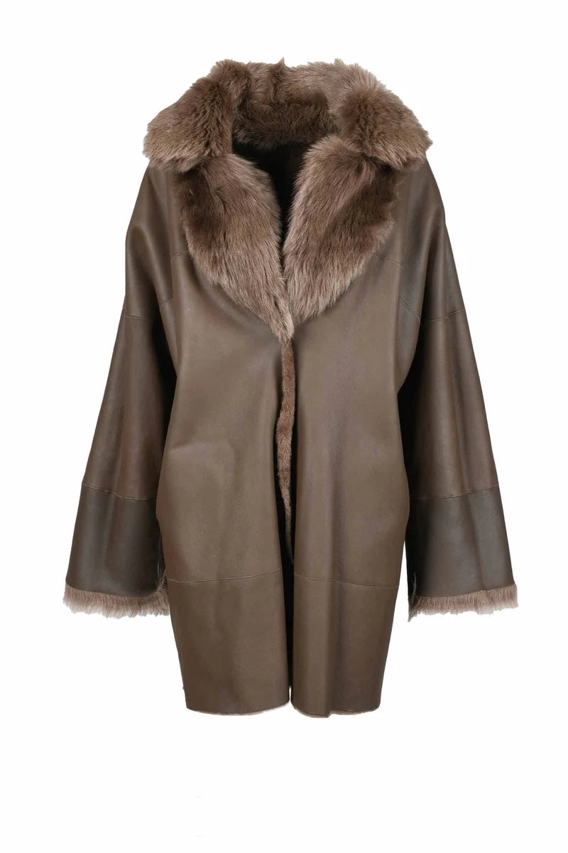 Brown Shearling Coat with Wide Collar