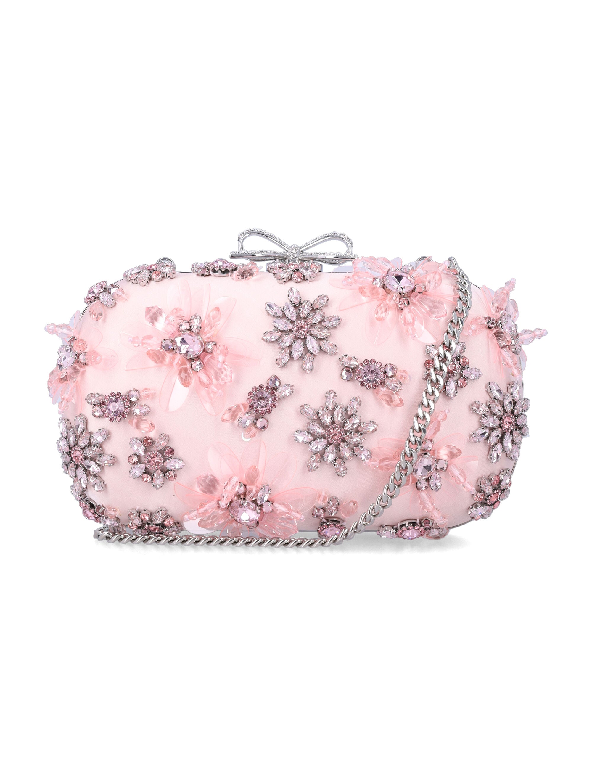 Pink Satin Floral Clutch With Crystal Embellishments