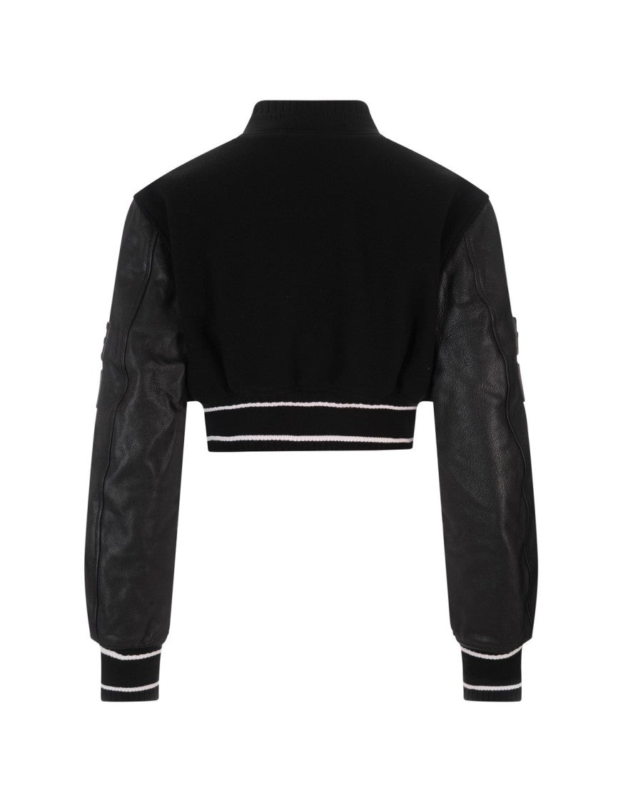 Cropped Wool and Leather Jacket with Sporty Design