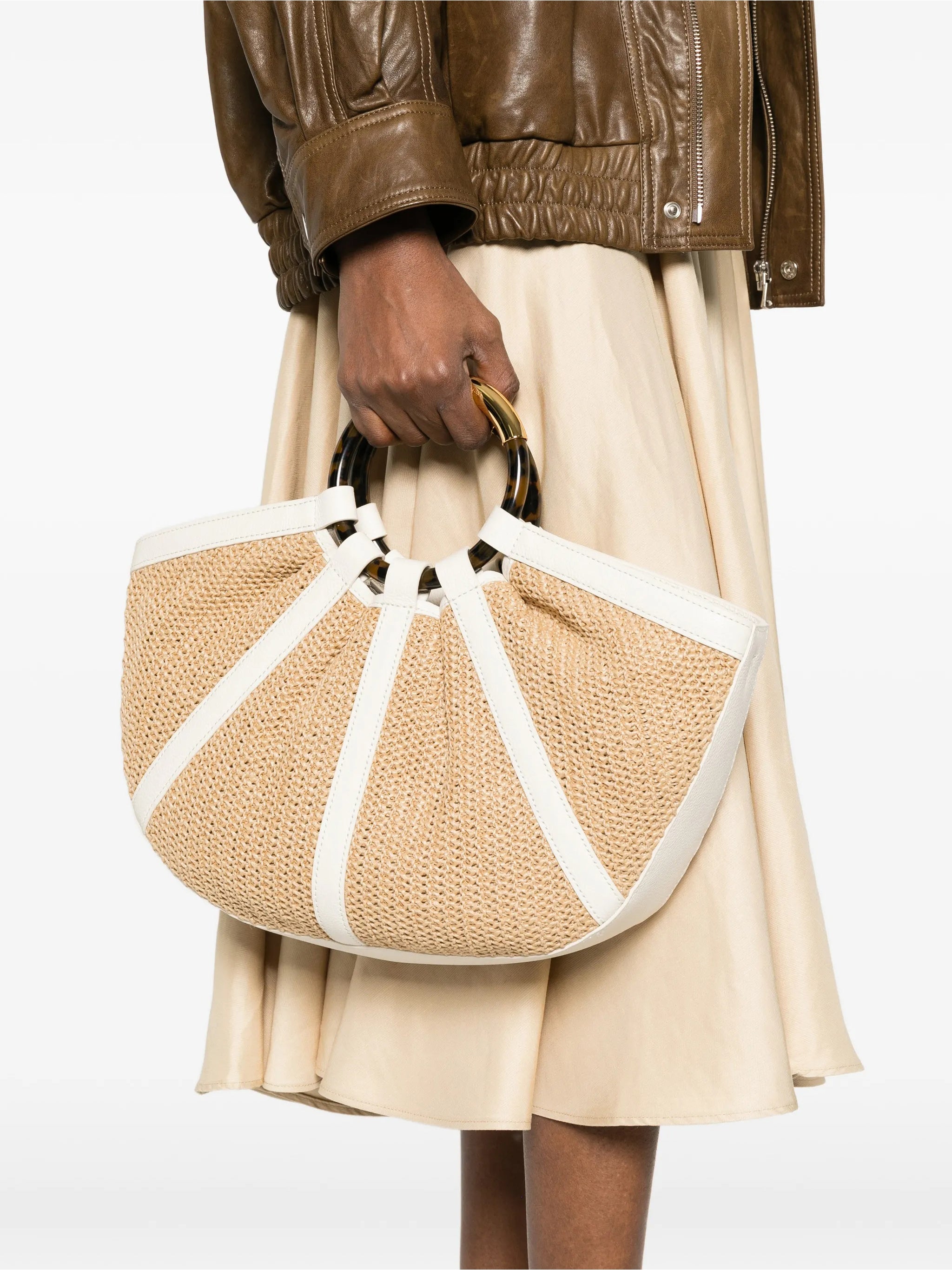 Shell Semi-Circular Straw Leather Trim Handbag