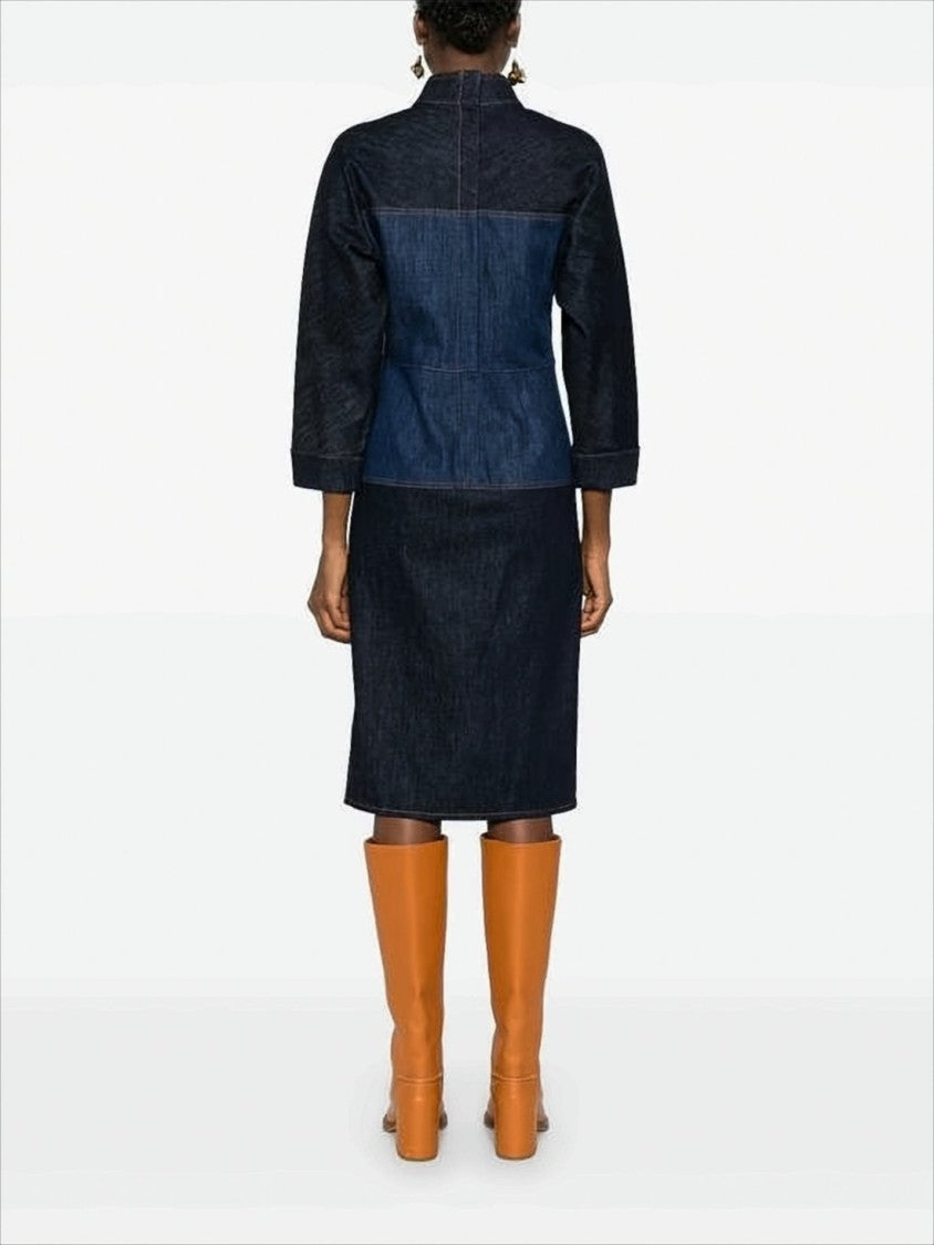 Patchwork Midi Dress with High Neckline