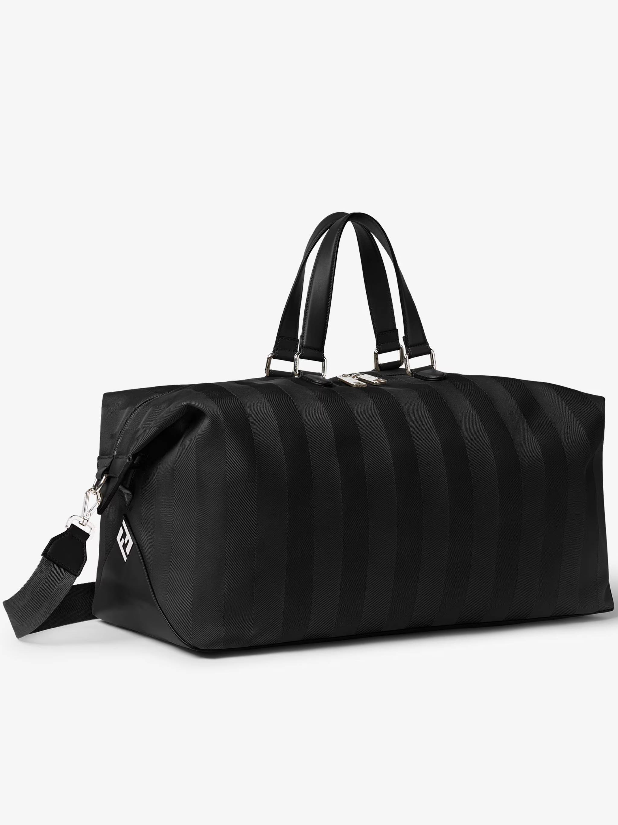 Matte Finish Black Duffle Bag with Striped Pattern and Silver Hardware