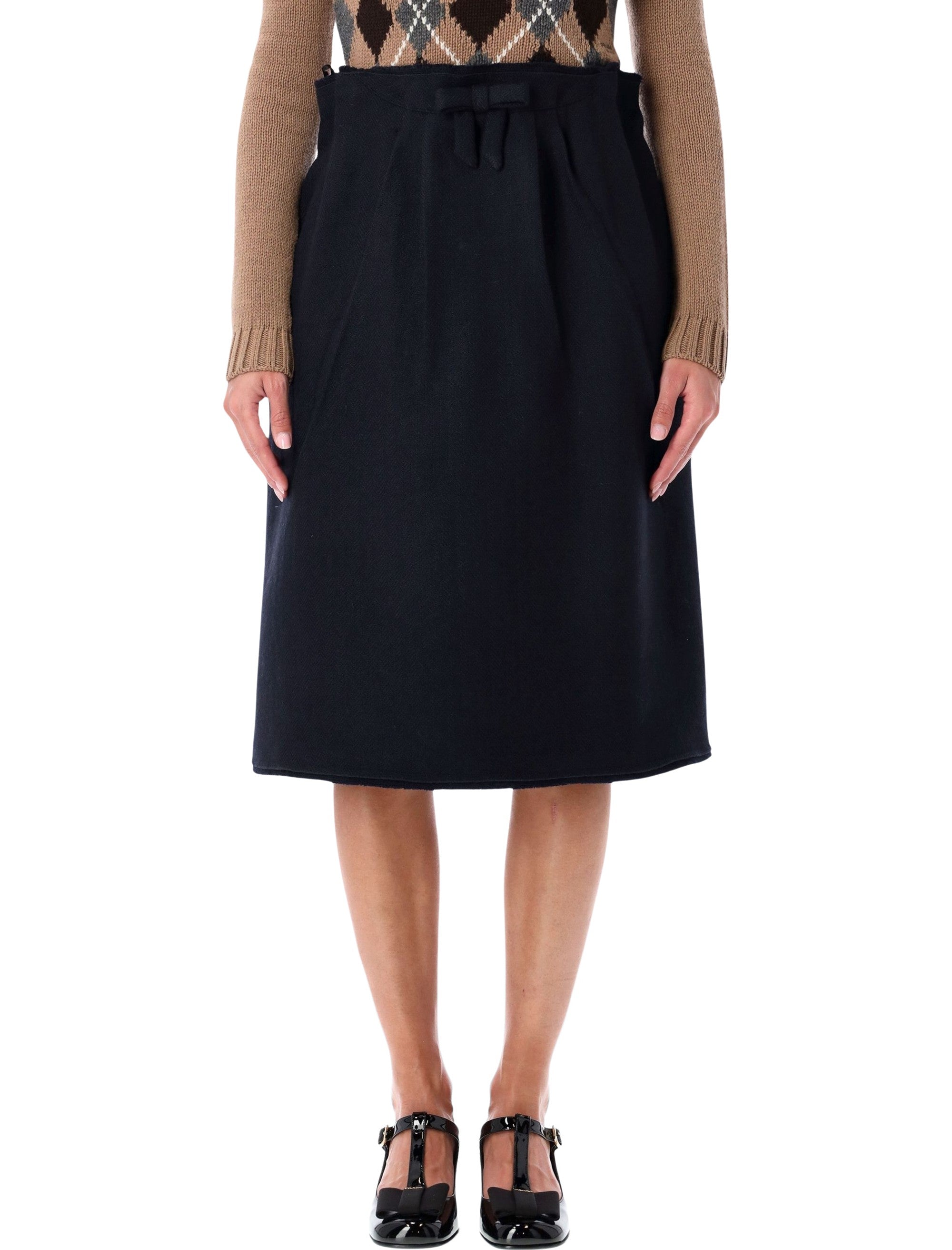 Chevron Wool Midi Skirt With Bow Detail