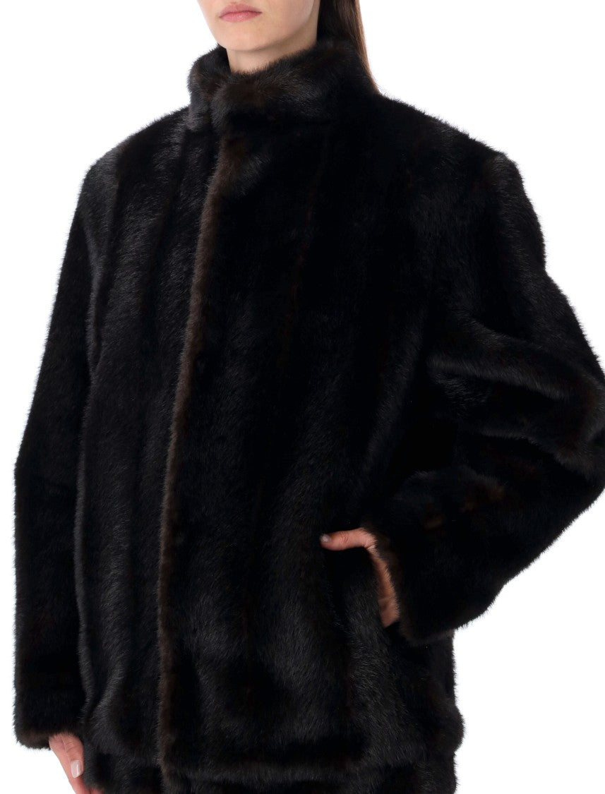 Plush Black Faux Fur Jacket With High Collar