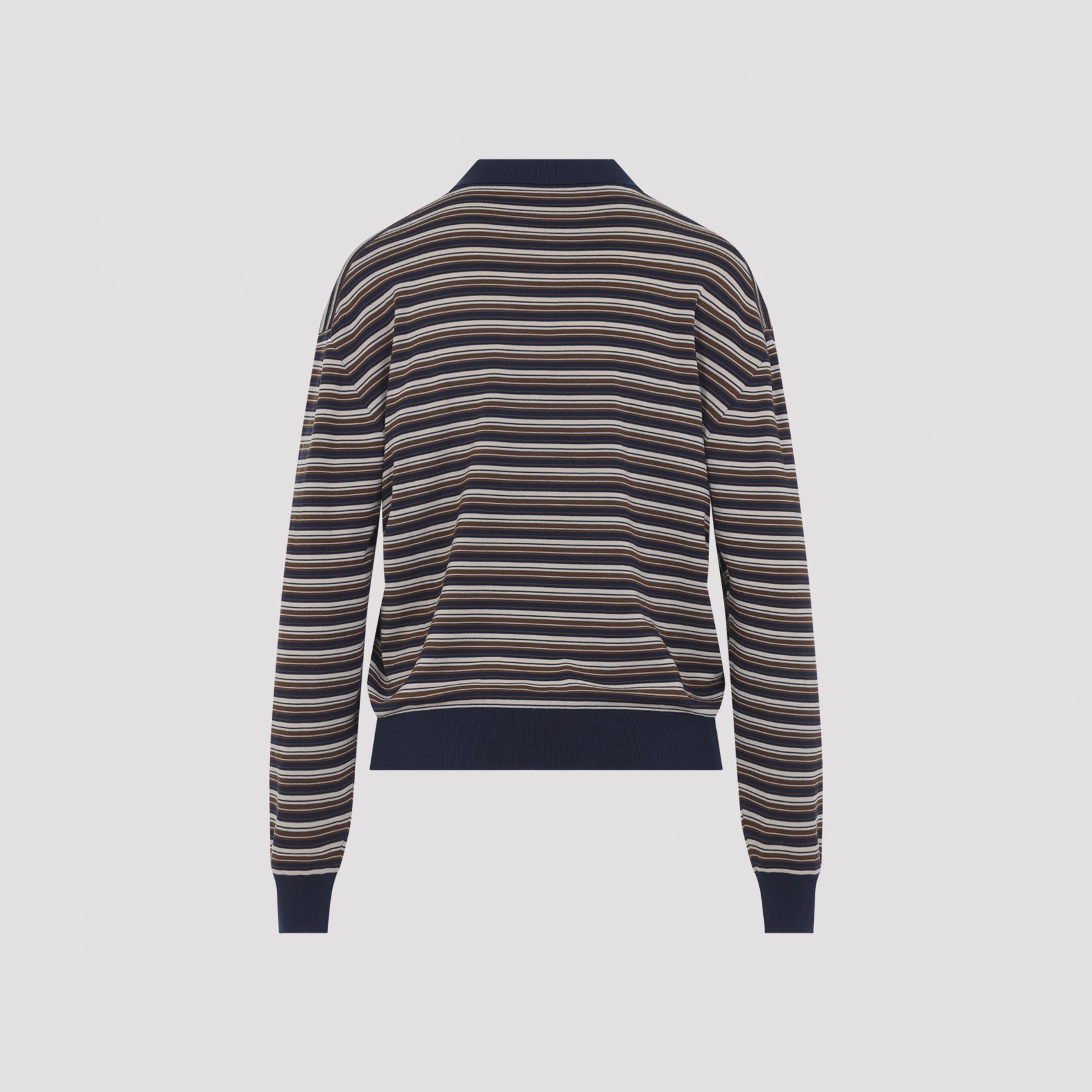 Long-Sleeve Striped Polo Shirt with Dark Collar