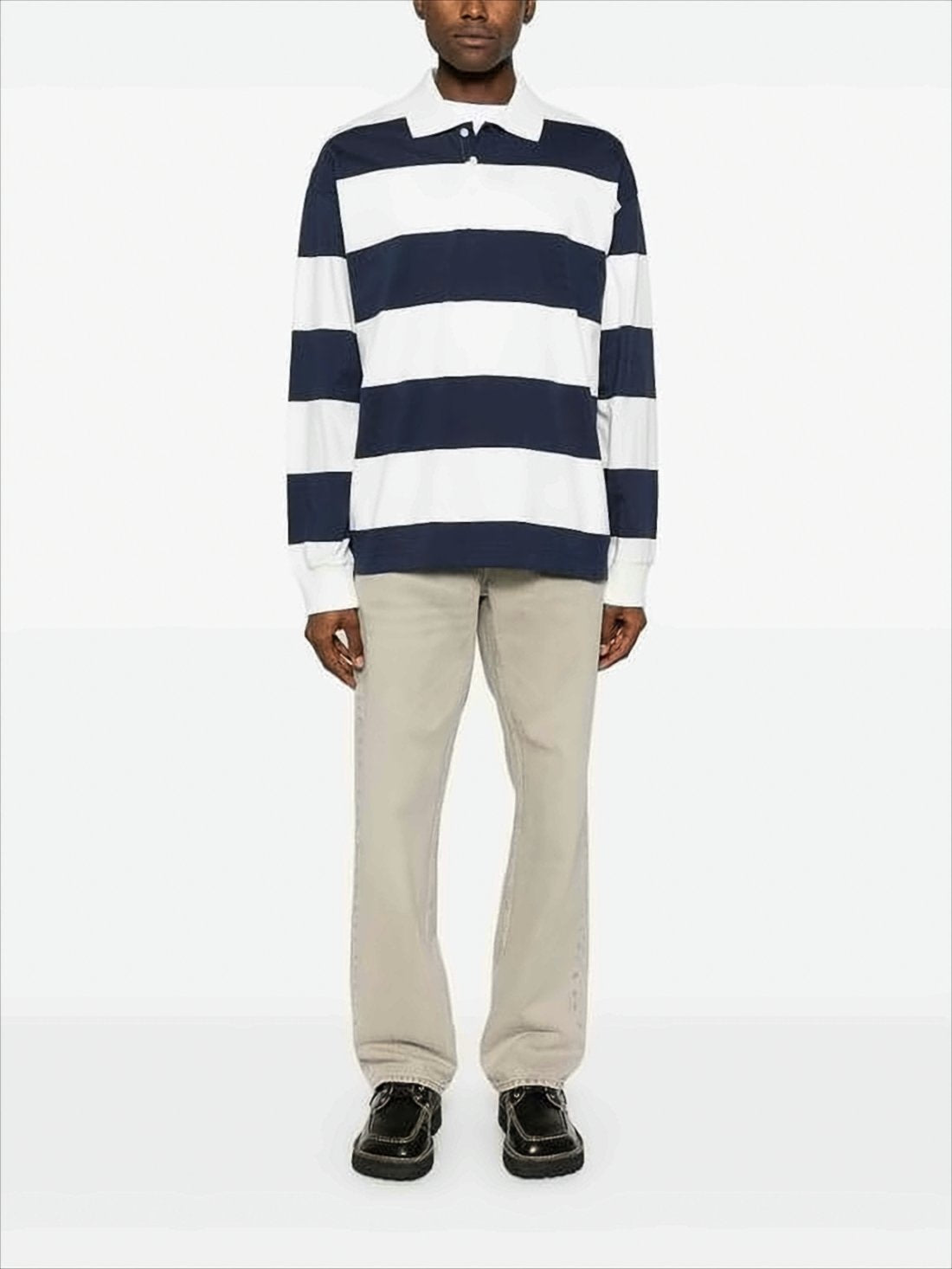 Horizontal Striped Polo Collar Shirt in Navy