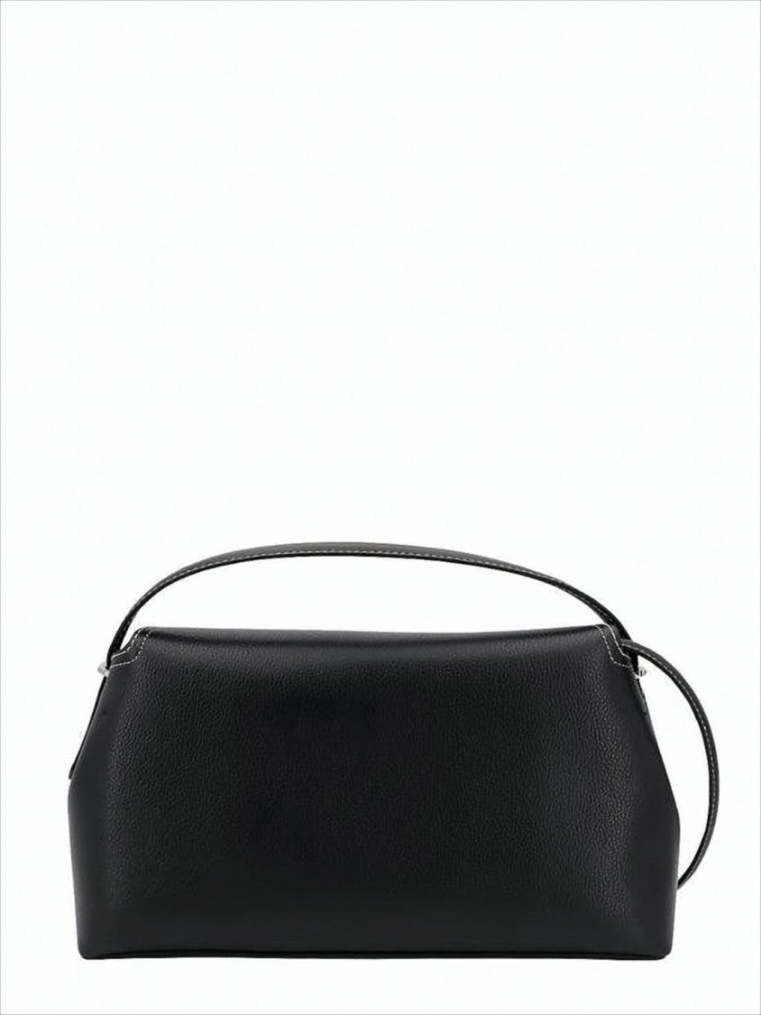Structured Black Leather Shoulder Bag With Flap Closure