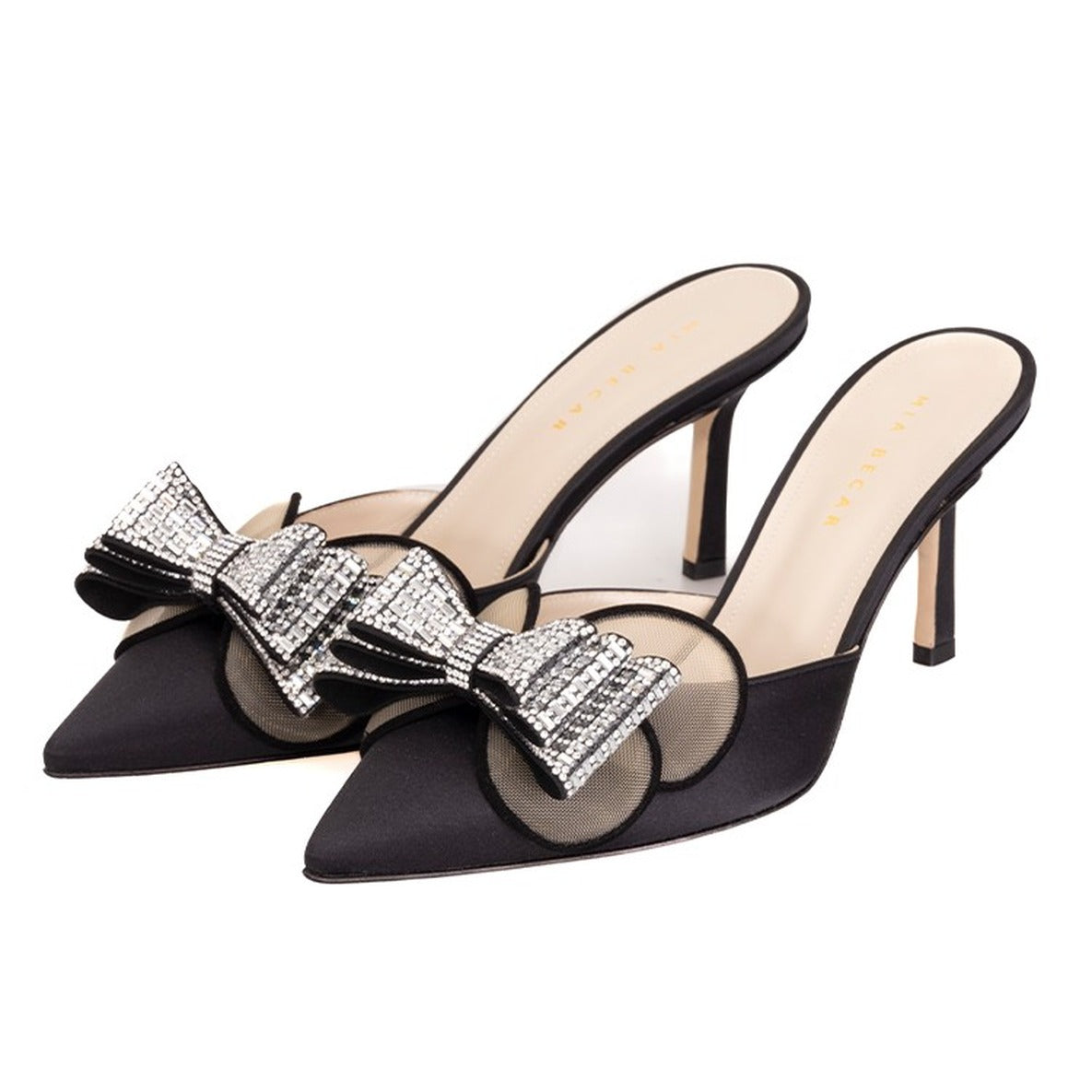 Satin-Embellished Black Sandals With Pointed Toe Design