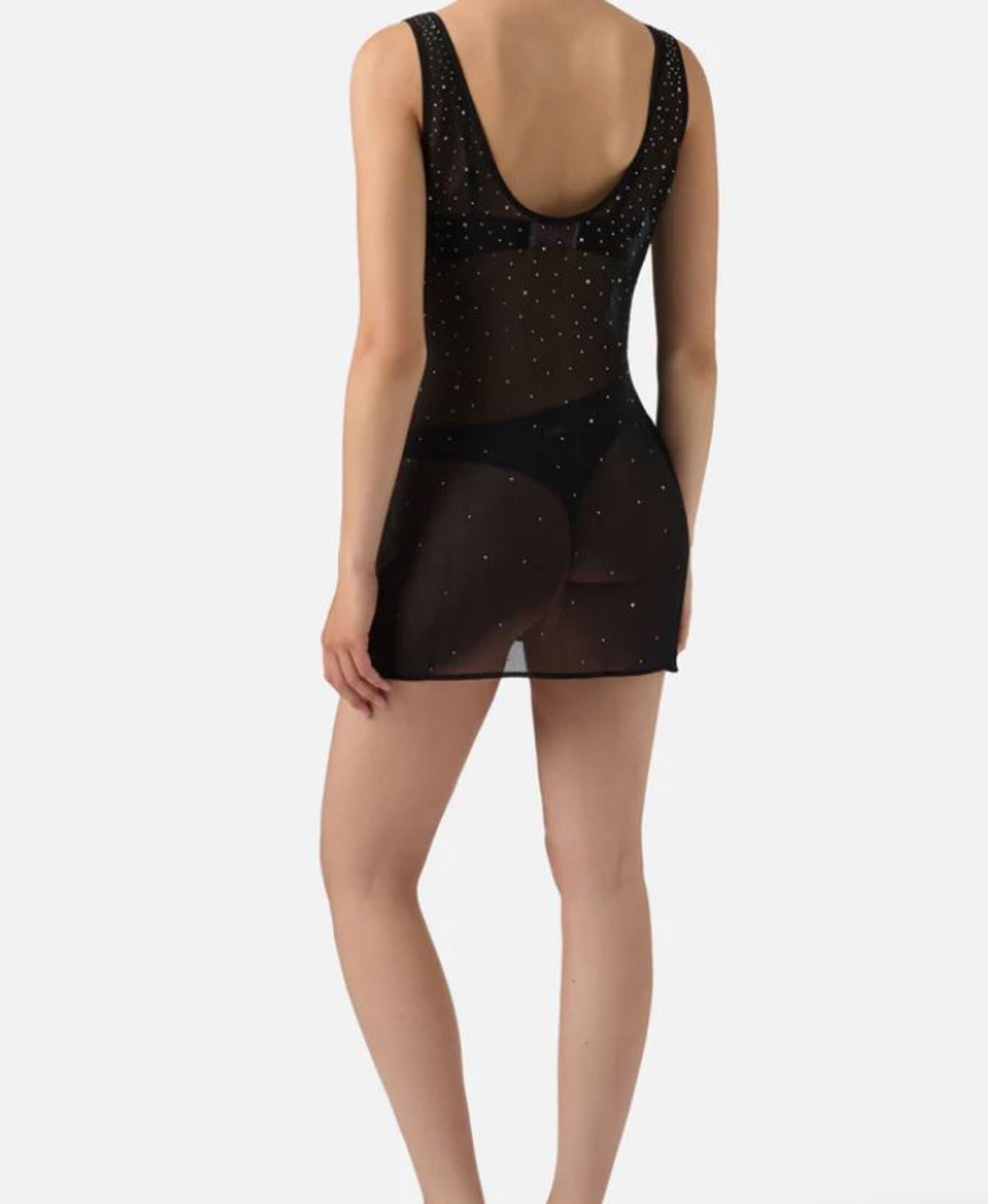 Sheer Black Mini Dress with Sparkling Embellishments