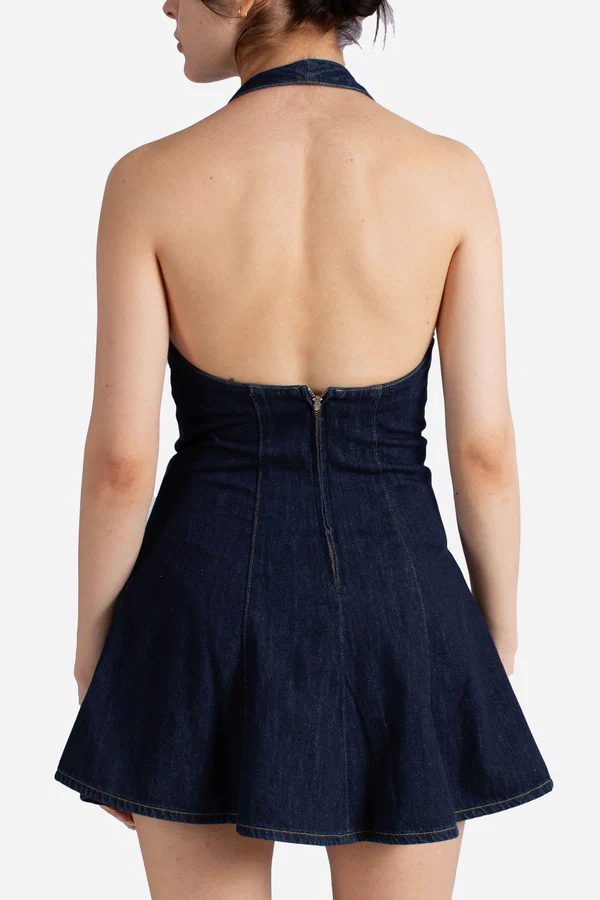 Dark Blue Denim Mini Dress with Halter Neckline