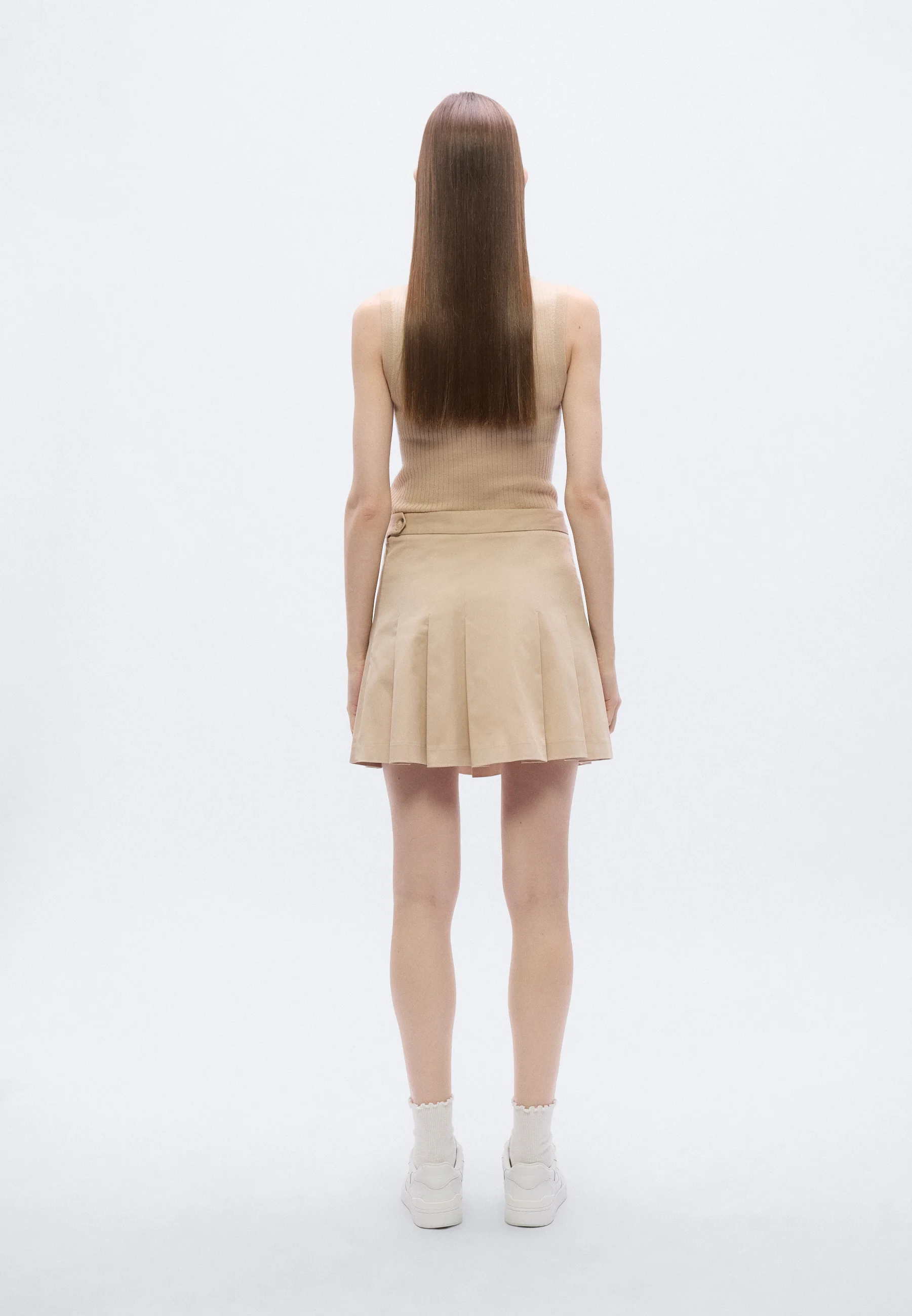 Beige Short Pleated Cotton Skirt