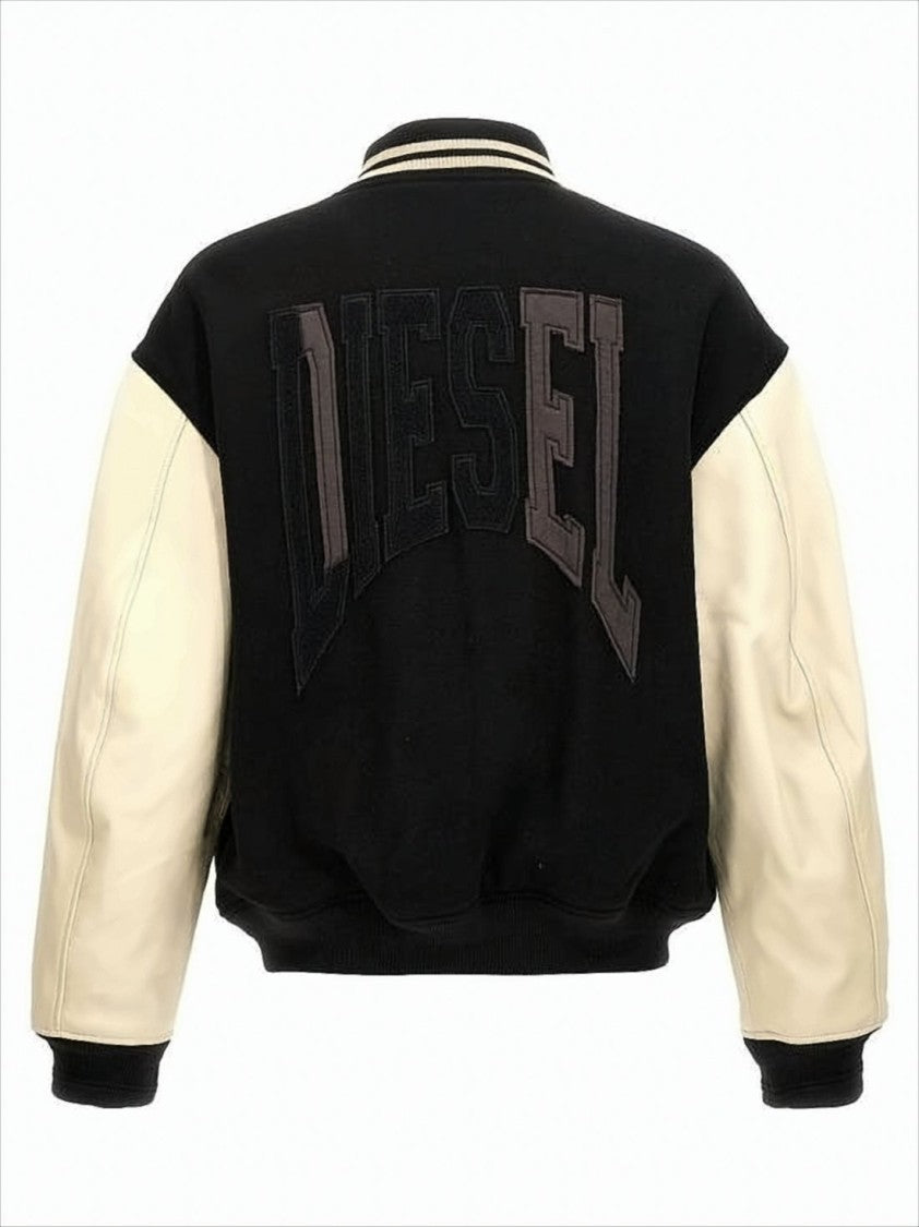Varsity-Style Black Wool Bomber Jacket