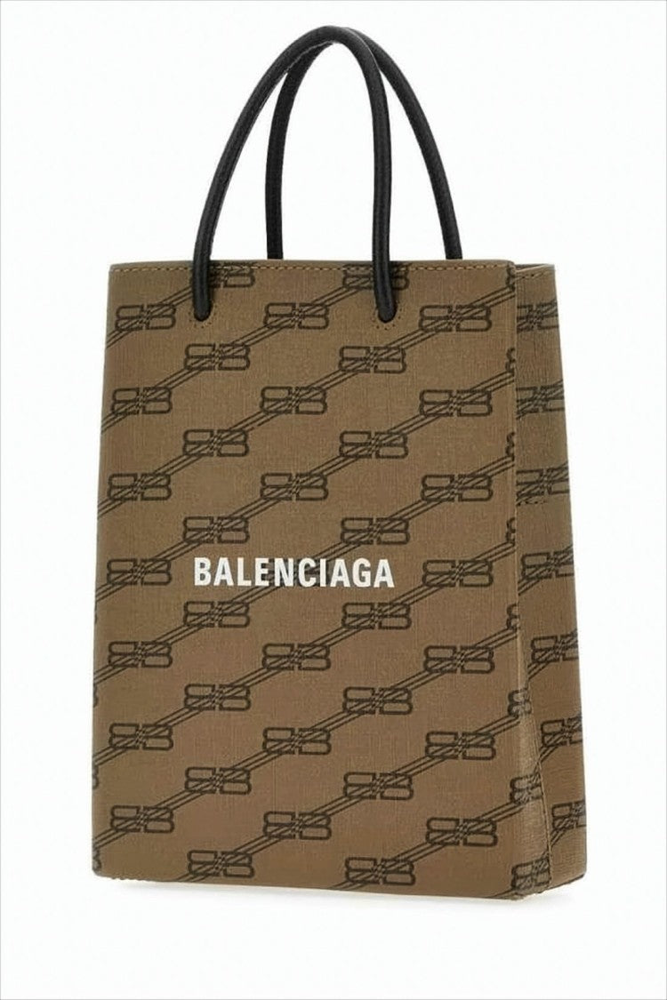 Rectangular Brown Tote Bag with Chain-Link Pattern and Logo