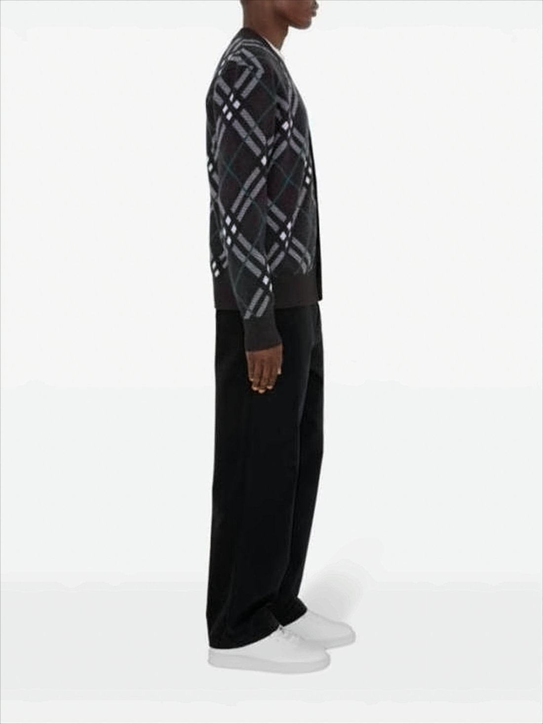 Plaid Wool Blend Cardigan with V-Neck
