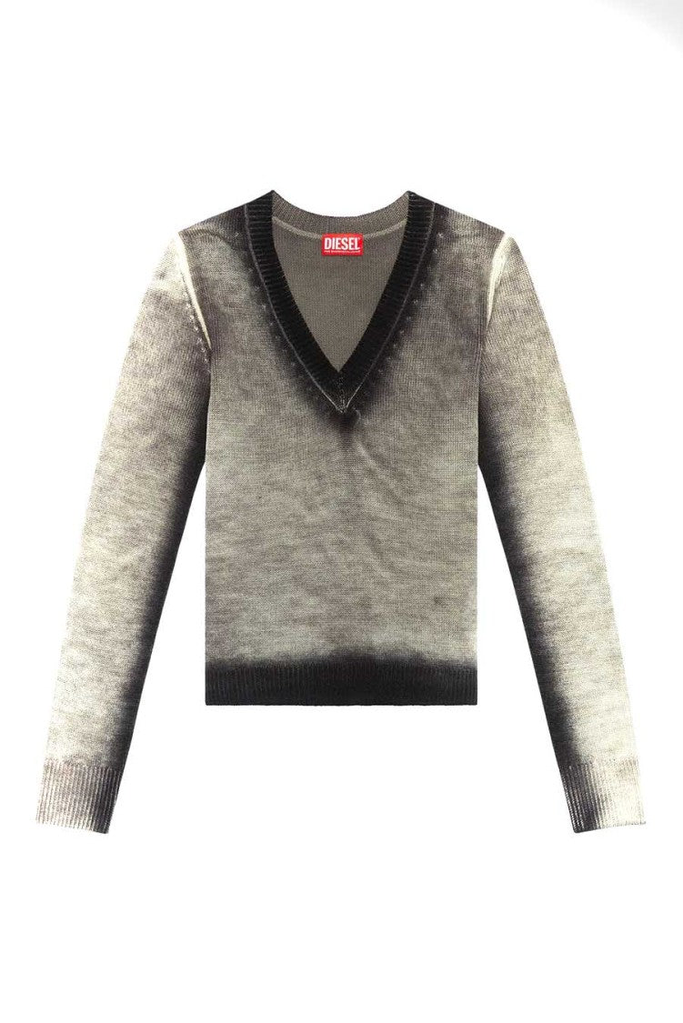 Wool V-Neck Sweater With Textured Finish And Contrast Detailing