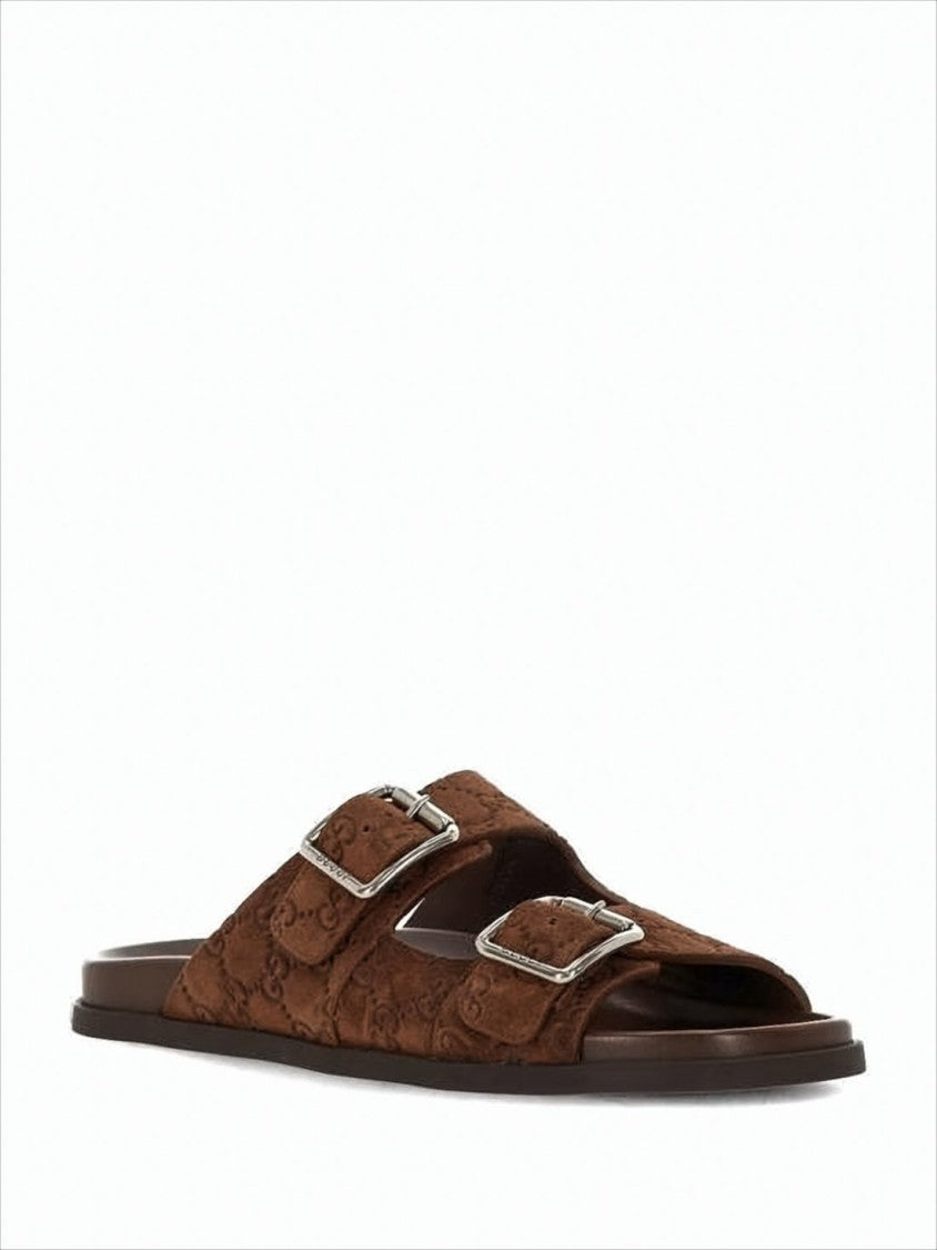 Brown Suede Sandals with Embossed Pattern