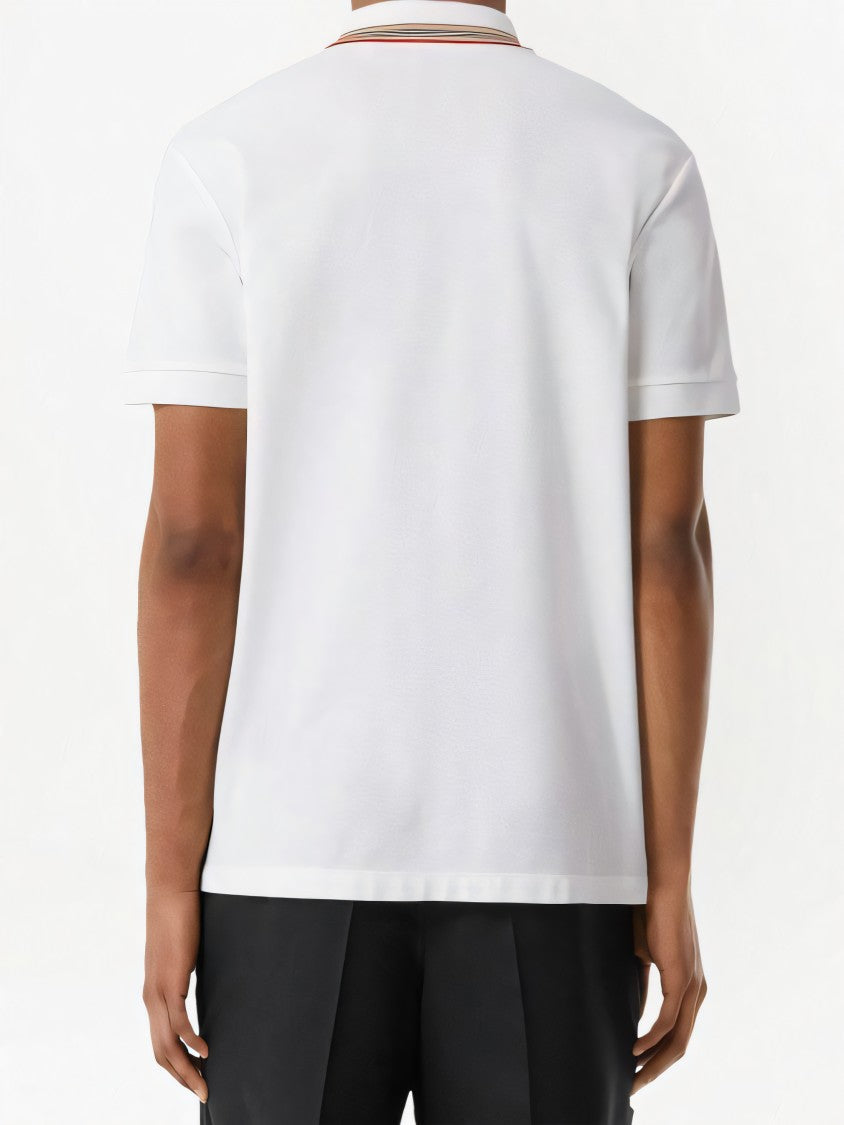 Classic White Polo Shirt with Multicolored Stripe Collar