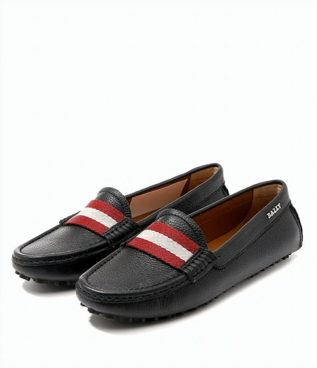 Textured Black Leather Loafers with Striped Fabric Band
