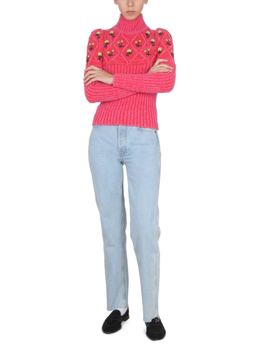 Ribbed Knit Jersey With Floral Embroidery