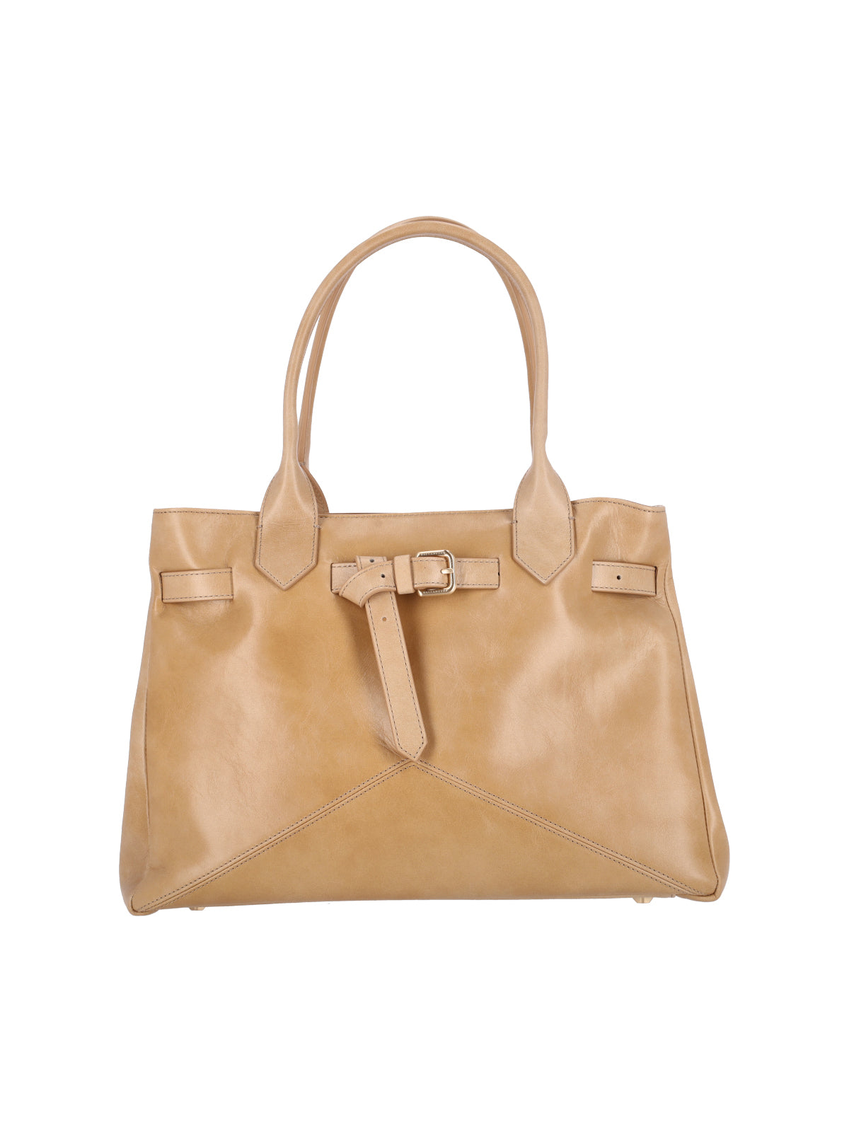 Beige Calf Leather Tote With Adjustable Buckle Detail