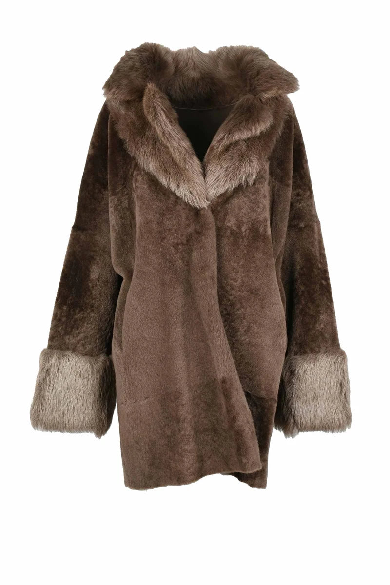 Brown Shearling Coat with Wide Collar