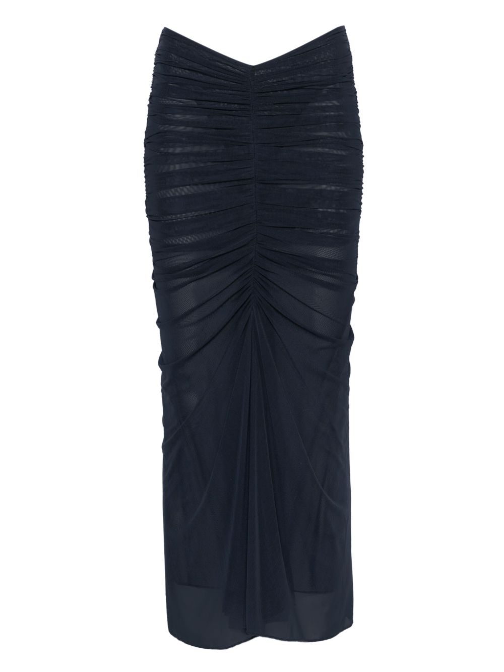 Ink Blue Ruched Mesh Midi Skirt