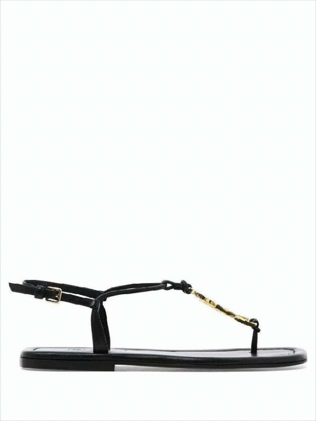 Black Leather Sandals With Gold-Tone Detailing