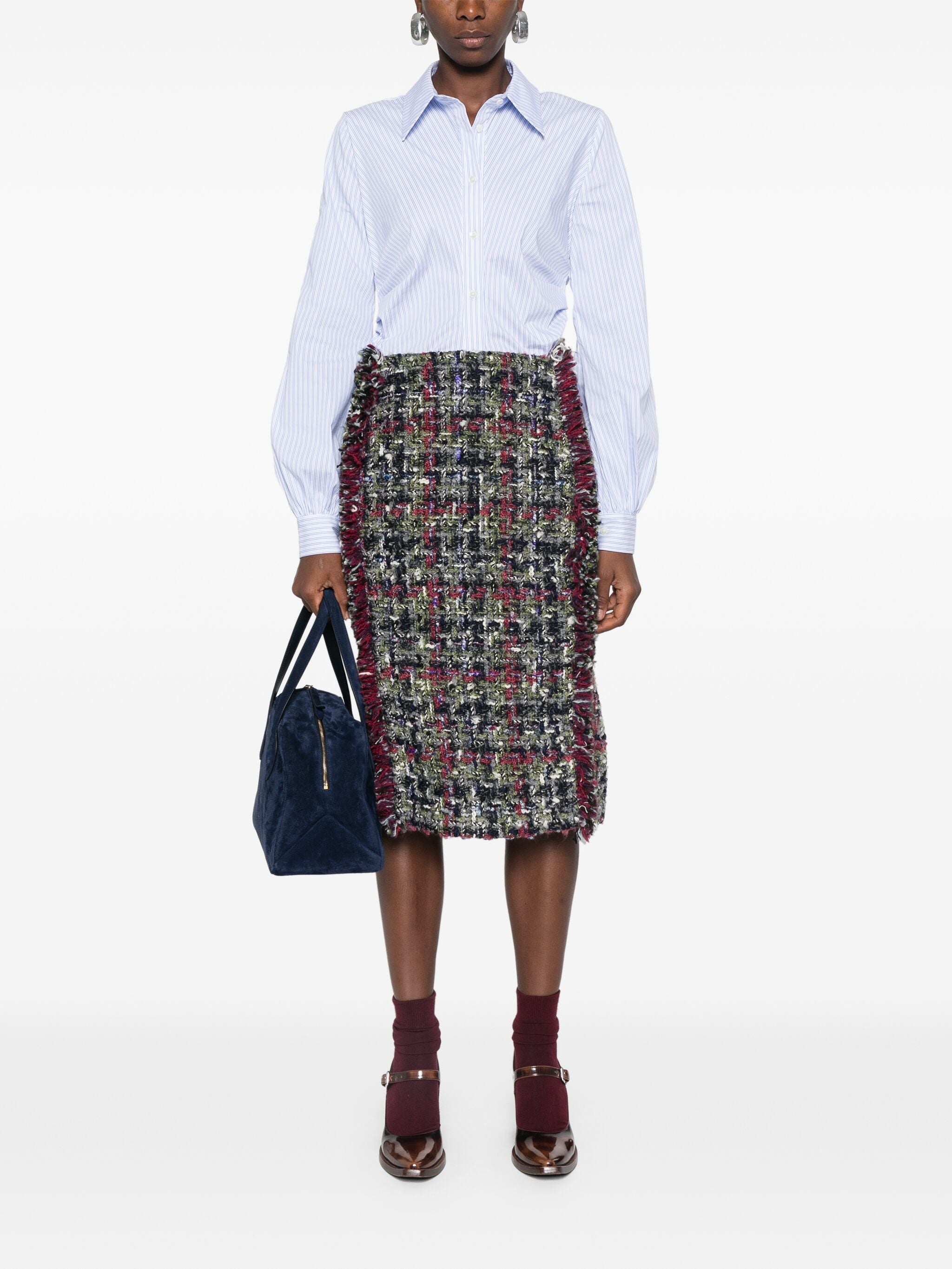 Multicolor Knee-Length Textured Wool Tweed Skirt