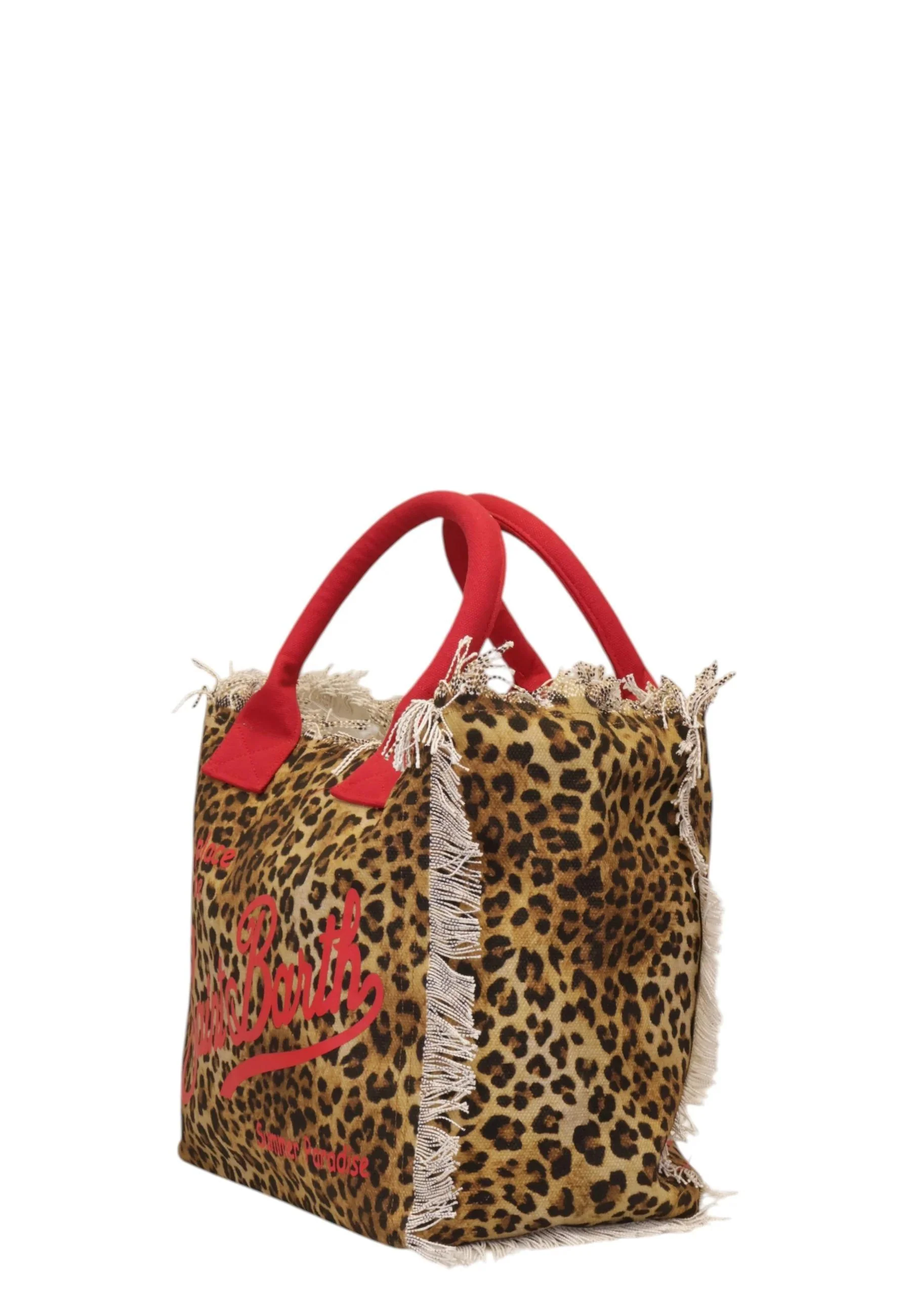 Fringed Leopard Print Tote Bag with Red Accents