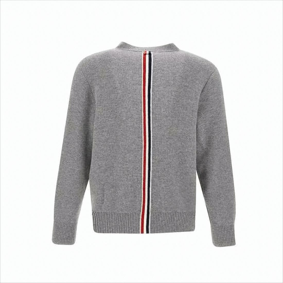 V-Neck Grey Wool Cardigan with Distinctive Stripe Detail