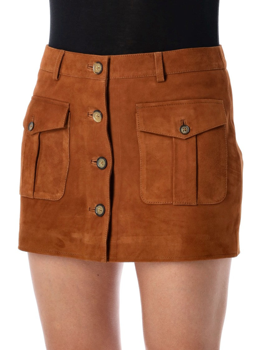 Brown Suede Mini Skirt With Buttons