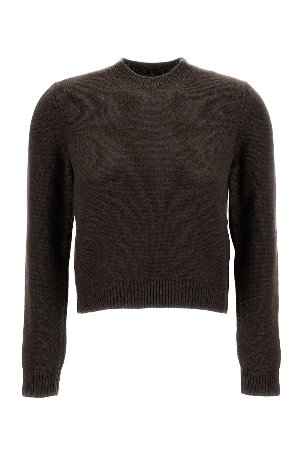 Crewneck Brown Knit Sweater With Ribbed Trim
