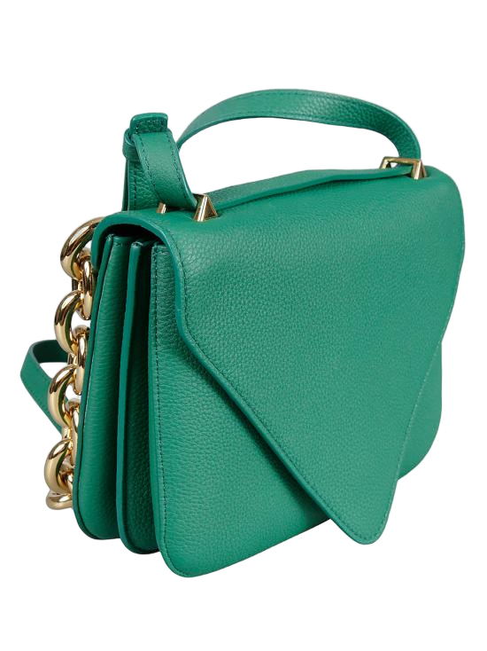 Structured Green Leather Crossbody Bag with Bold Chain Detail