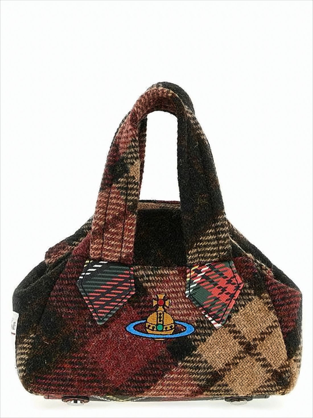 Plaid Wool Crossbody Bag with Embroidered Emblem